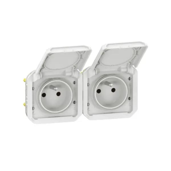 Double prise précâblée 2×2P+T horizontale 16 A 250 V IP55 (gamme Plexo)